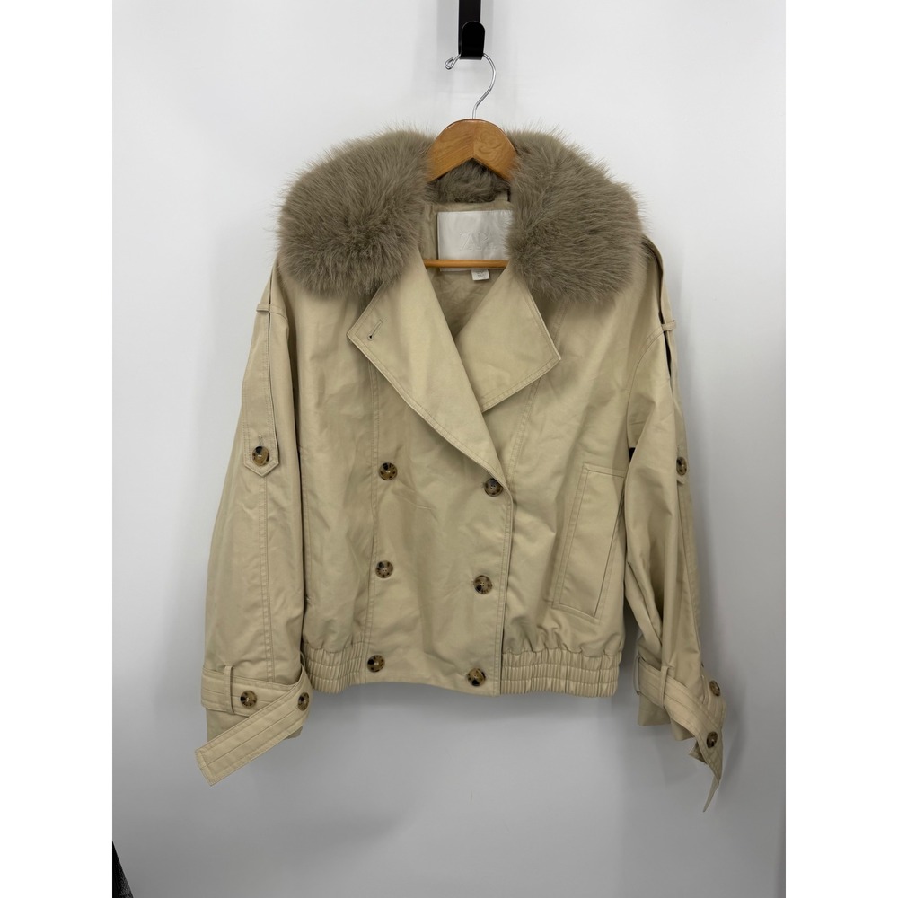 Zara padded Faux Fur Collar Cropped Trench Jacket S Beige Double Breasted Bomber